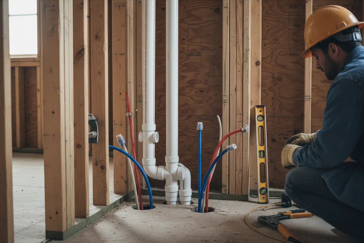 Drain and supply rough-in during Sump Pump Repair in Huntington