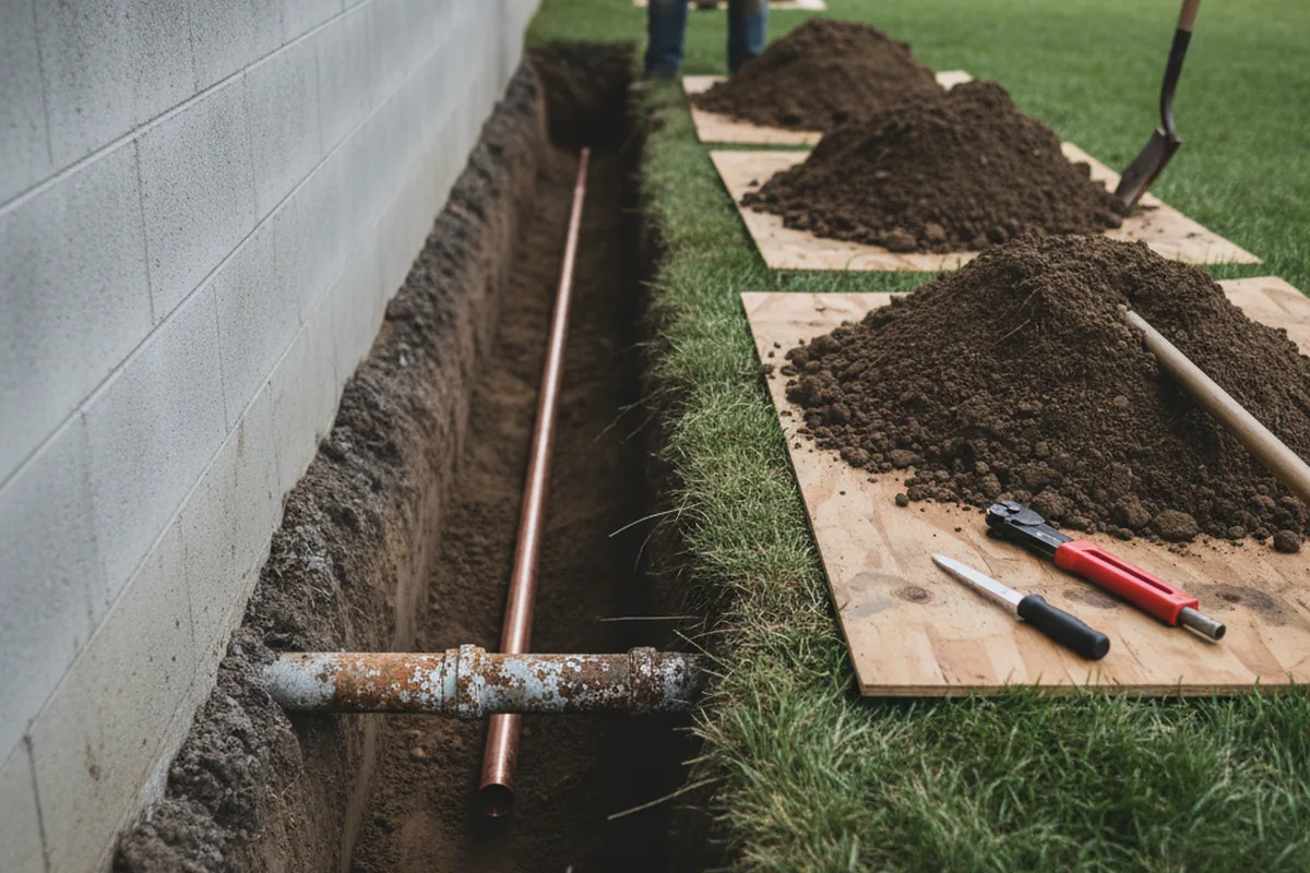 Excavated water line trench during Water Softener Installation in Huntington